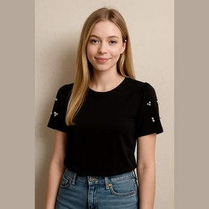 Vintage Elegant Black Top with Pearl Accents on short sleeves